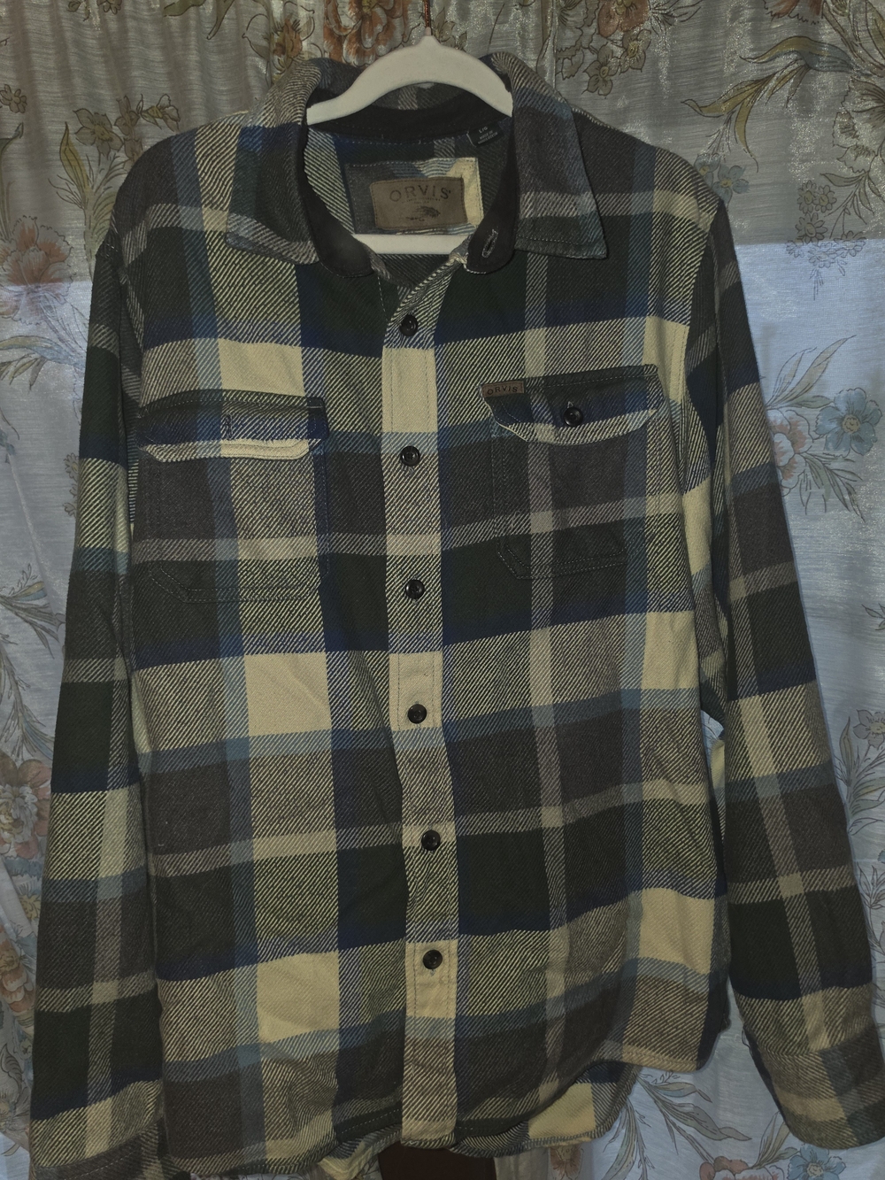 Orvis Men's Plaid Button-Up Flannel Shirt - Blue, Cream, Gray